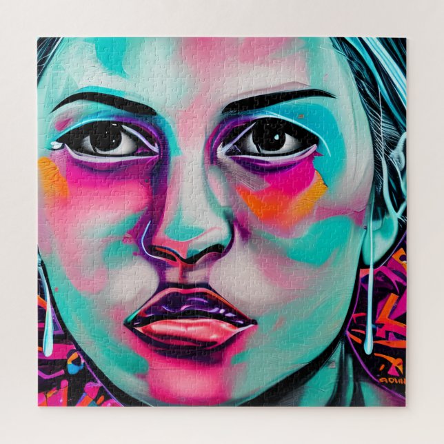 Painted Women's Face and Tear | Teal and Pink Art Jigsaw Puzzle (Vertical)