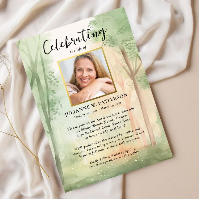Painted Wood Forest Celebration of Life Photos Invitation (Creator Uploaded)