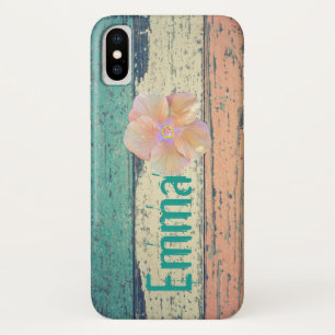 Painted wood rustic pink teal cream striped iPhone x case