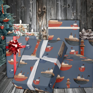 Painted Wooden Boats & Lighthouses Wrapping Paper