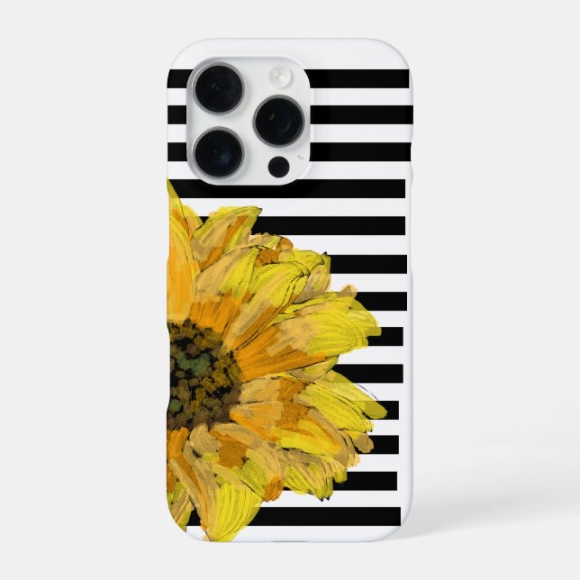 Painted Yellow Sunflower on Black Stripes iPhone Case (Back)