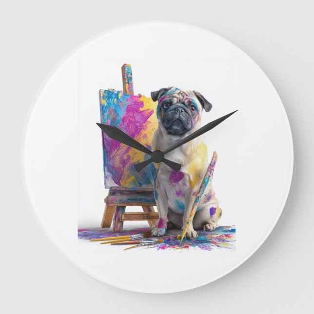 Painter Pug � Abstract Art Dog Large Clock (Front)