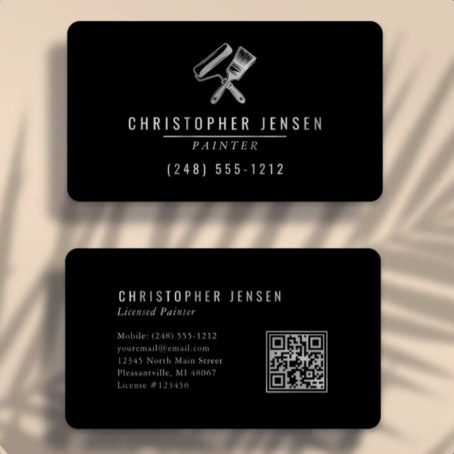 Painter QR Code Black Silver Rounded Painting Business Card (Creator Uploaded)