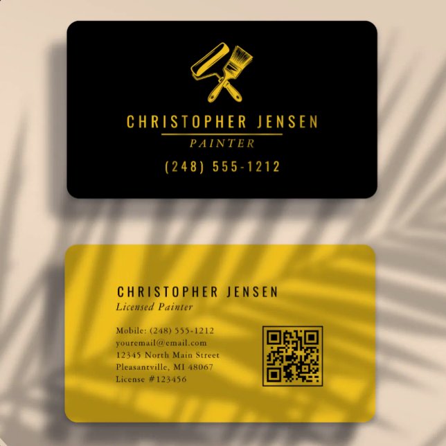 Painter QR Code Bold Black Yellow Rounded Painting Business Card (Creator Uploaded)