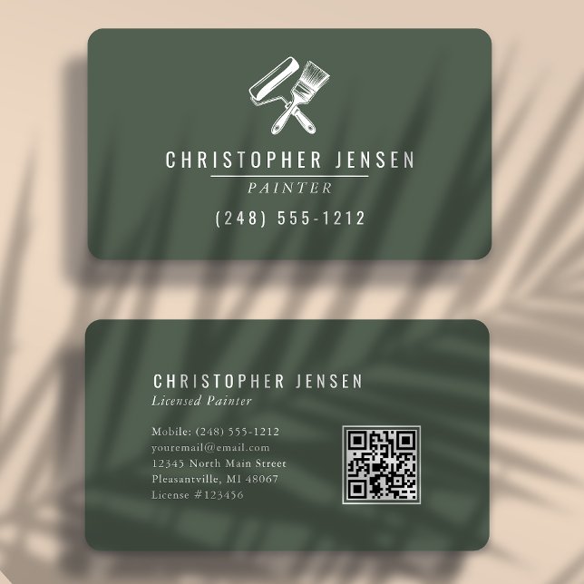 Painter QR Code Dark Green Rounded Painting Business Card (Creator Uploaded)