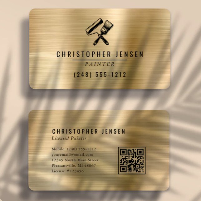 Painter QR Code Gold Black Metallic Rounded Business Card (Creator Uploaded)