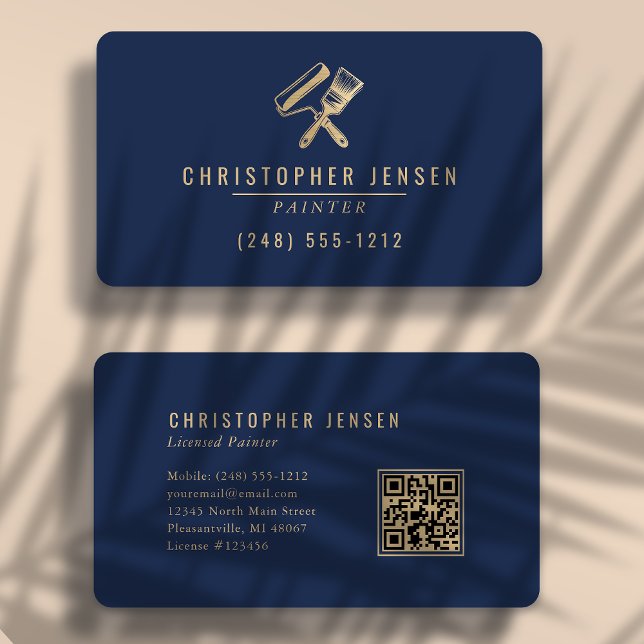 Painter QR Code Navy Blue Gold Rounded Painting Business Card (Creator Uploaded)