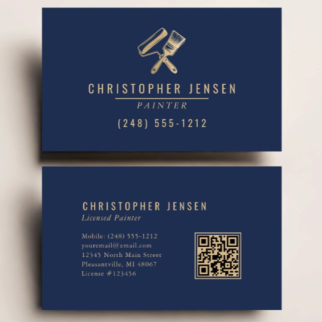 Painter QR Code Painting Business Navy Blue Gold Business Card (Creator Uploaded)