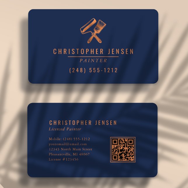Painter QR Code Painting Navy Blue Copper Rounded Business Card (Creator Uploaded)