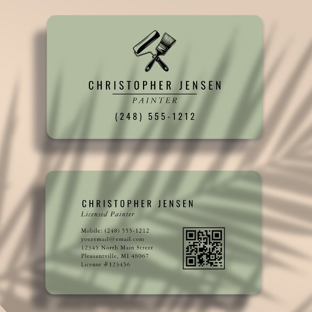 Painter QR Code Sage Green Black Rounded Painting Business Card (Creator Uploaded)