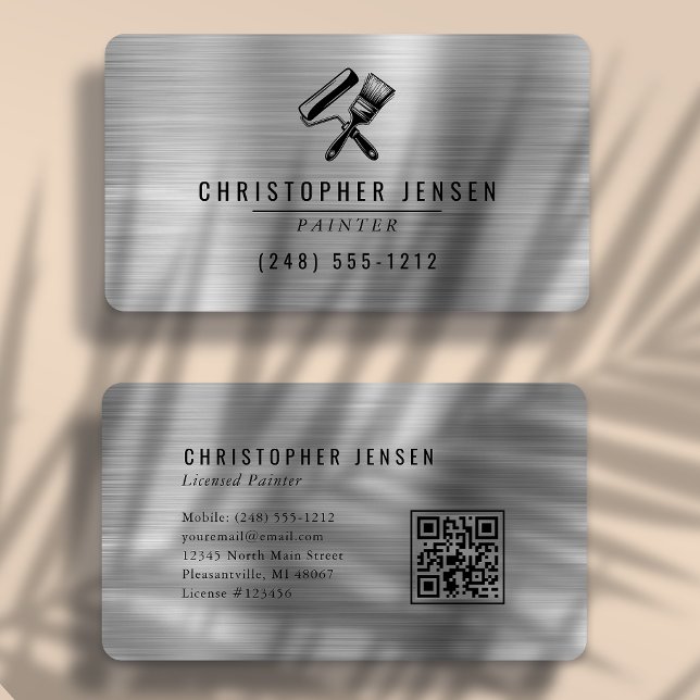 Painter QR Code Silver Black Metallic Rounded Business Card (Creator Uploaded)