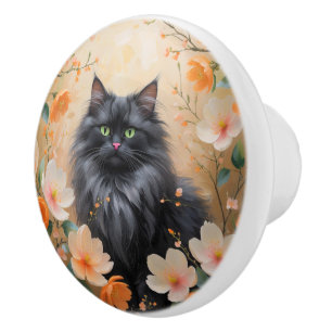 Painterly Black Cat & Orange Blossoms Ceramic Knob