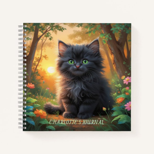Painterly Black Kitten in Golden Forest Notebook (Front)