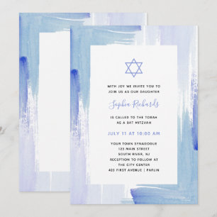 Painterly Blue Watercolor   Bat Mitzvah Invitation