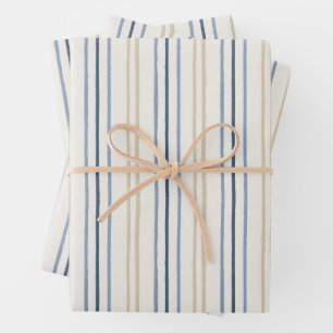 Painterly Coastal Blue and Sand Pinstripe Pattern Wrapping Paper Sheet