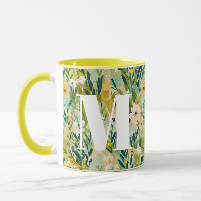 Painterly Green Flower Watercolor Pattern Monogram Mug (Left)