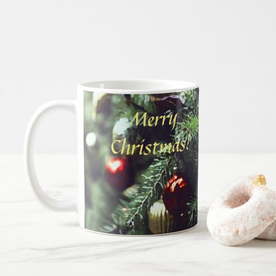 Painterly Merry Christmas Tree with Red Ornaments Coffee Mug