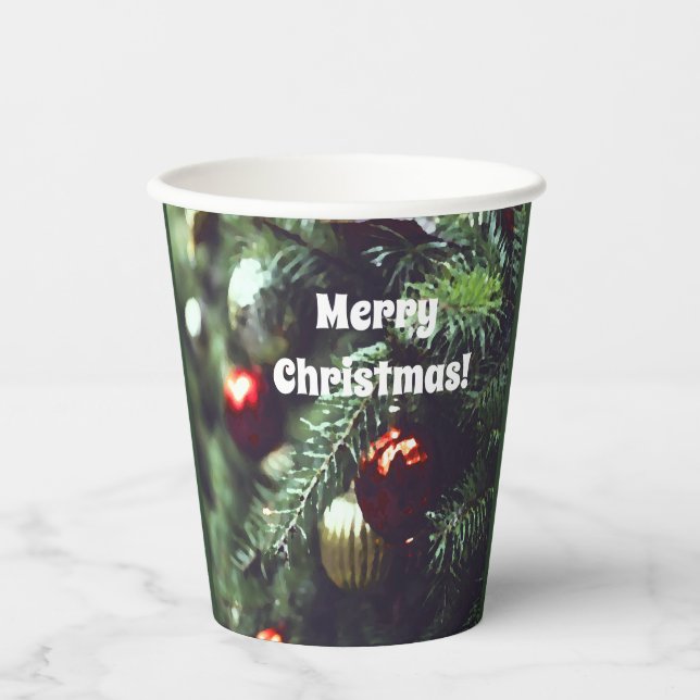 Painterly Merry Christmas Tree with Red Ornaments  Paper Cups (Front)