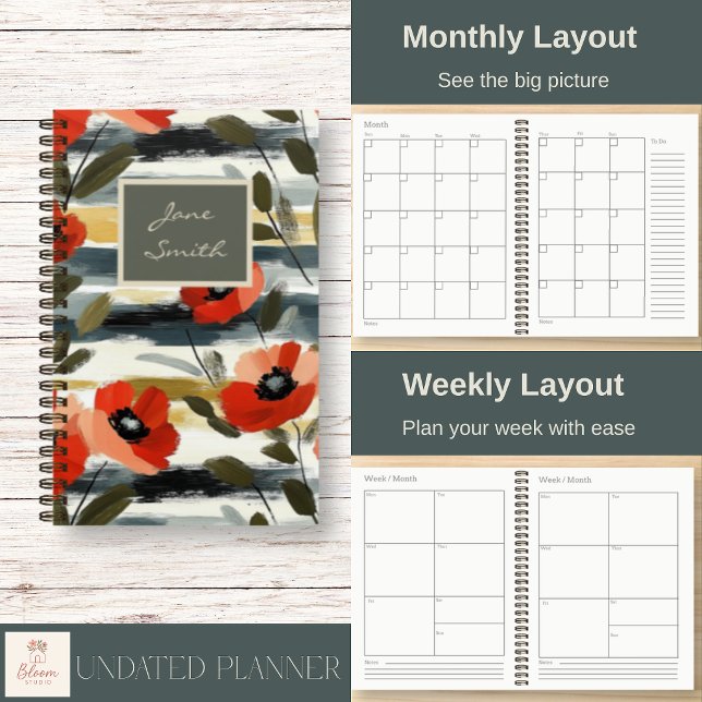 Painterly Modern Red Poppies Spiral Planner (Beautiful on the outside. Practical on the inside. Personalize your cover and enjoy clear layouts.)