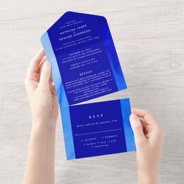 Painterly navy blue abstract rsvp wedding all in one invitation (Tearaway)
