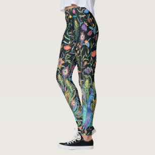 Painterly Peacock Feather, Floral Vines Boho Chic  Leggings