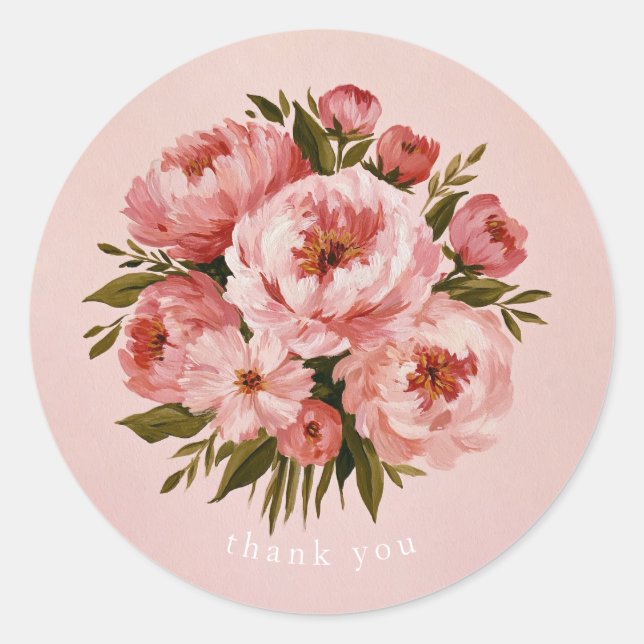Painterly Peony Thank you Classic Round Sticker (Front)