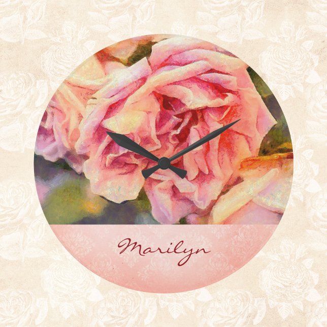 Painterly Pink Roses on Damask Monogrammed Large Clock (Creator Uploaded)