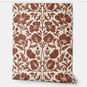 Painterly Poppy Arts And Crafts - Auburn Red Beige Wallpaper