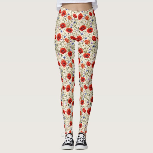 Painterly Poppy Meadow Artwork Leggings (Front)