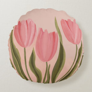 Painterly Pretty Pink Tulips Round Cushion