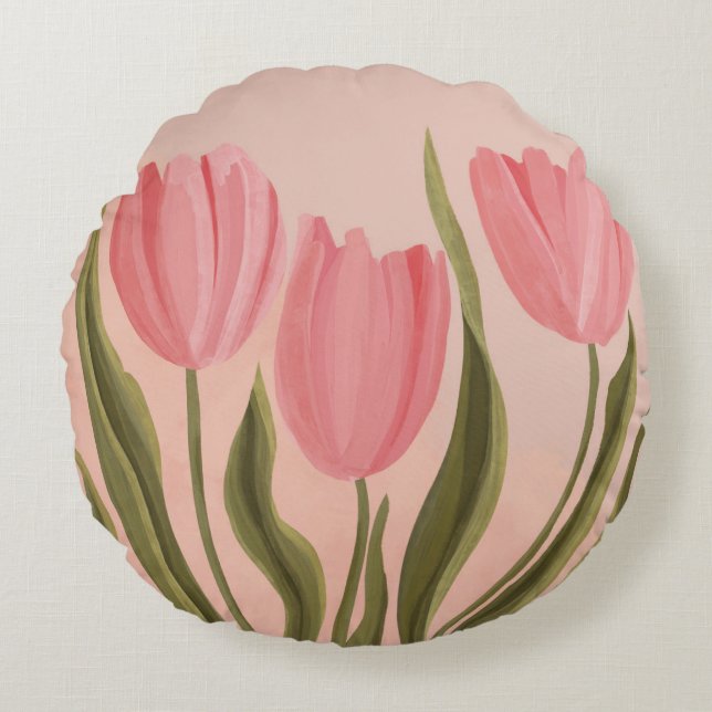 Painterly Pretty Pink Tulips  Round Cushion (Front)