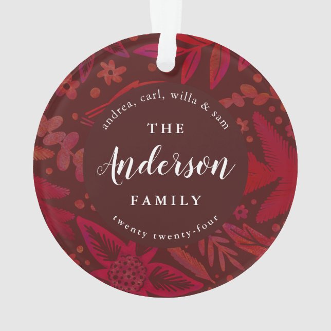Painterly Red Botanical Holiday Christmas Ornament (Back)