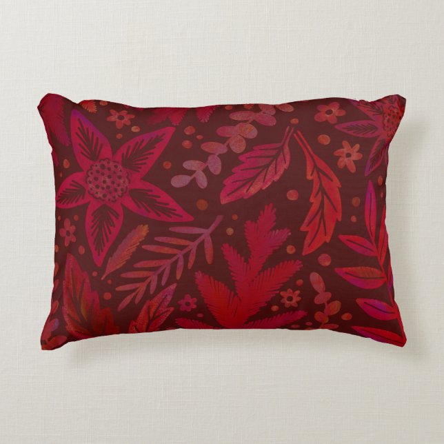 Painterly Red Botanical Leaf Pattern Decorative Cushion (Front)