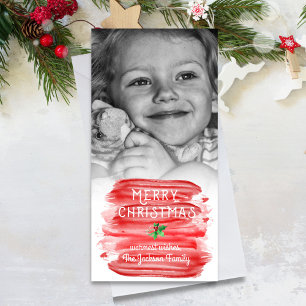 Painterly Red Watercolor Christmas Holly Photo Holiday Card
