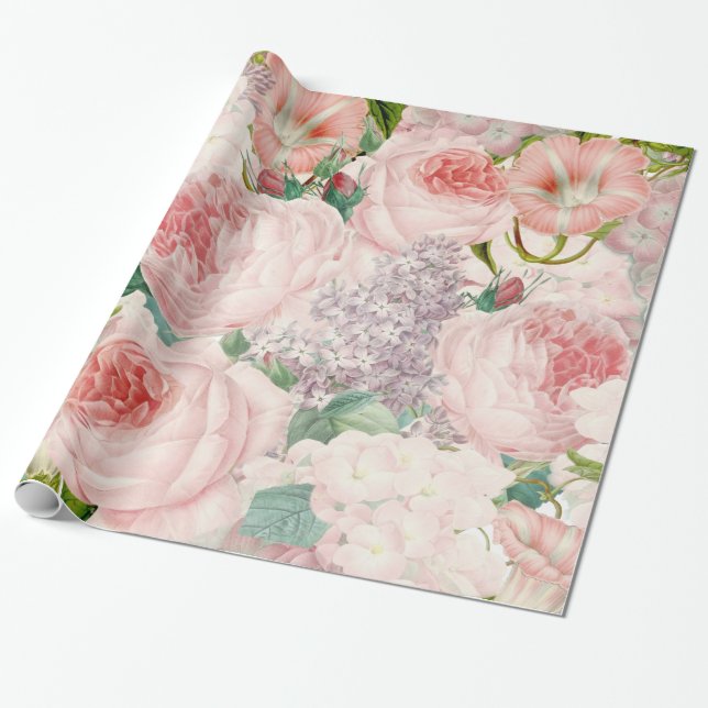 Painterly Retro Roses Lilacs Flower Spring Pattern Wrapping Paper (Unrolled)