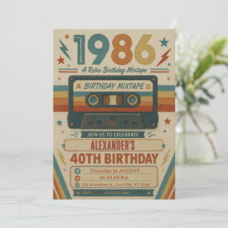 Painterly Retro Vintage 40th Birthday Mixtape Them Invitation
