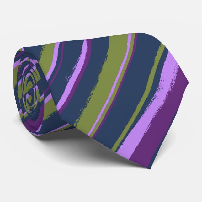 Painterly Striped Violet, Olive & Navy Two-Sided Tie (Rolled)