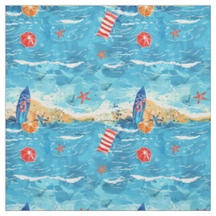 Painterly Surf & Ocean Wave Beach Pattern Fabric