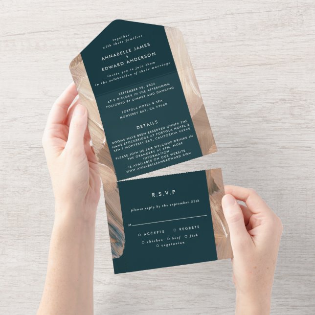 Painterly teal terracotta abstract rsvp wedding all in one invitation (Tearaway)