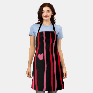 Painterly Valentines Stripes and Heart Black Apron
