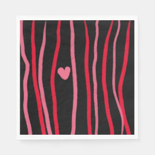 Painterly Valentines Stripes and Heart Black Napkin