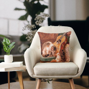 Painterly Vintage Art - Cat Kittens and Guitar  Cushion