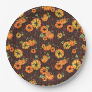 Painterly Watercolor Fall Pumpkins Orange/Black Paper Plate