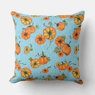 Painterly Watercolor Fall Pumpkins Orange/Blue Cushion
