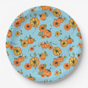 Painterly Watercolor Fall Pumpkins Orange/Blue Paper Plate