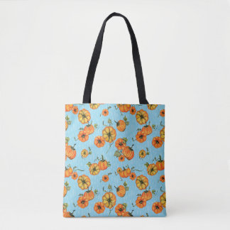 Painterly Watercolor Fall Pumpkins Orange/Blue Tote Bag