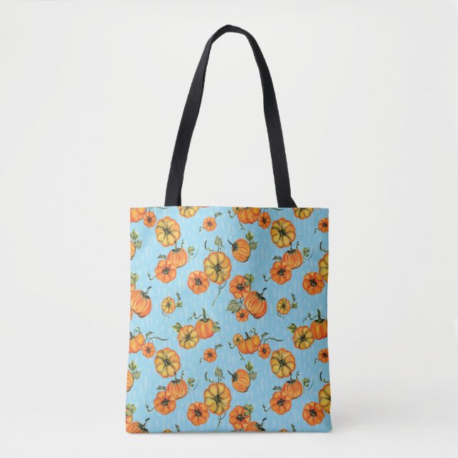 Painterly Watercolor Fall Pumpkins Orange/Blue Tote Bag (Front)