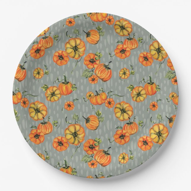 Painterly Watercolor Fall Pumpkins Orange/Greige Paper Plate (Front)
