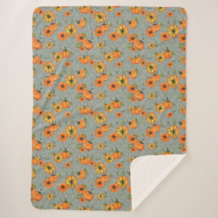 Painterly Watercolor Fall Pumpkins Orange/Greige Sherpa Blanket