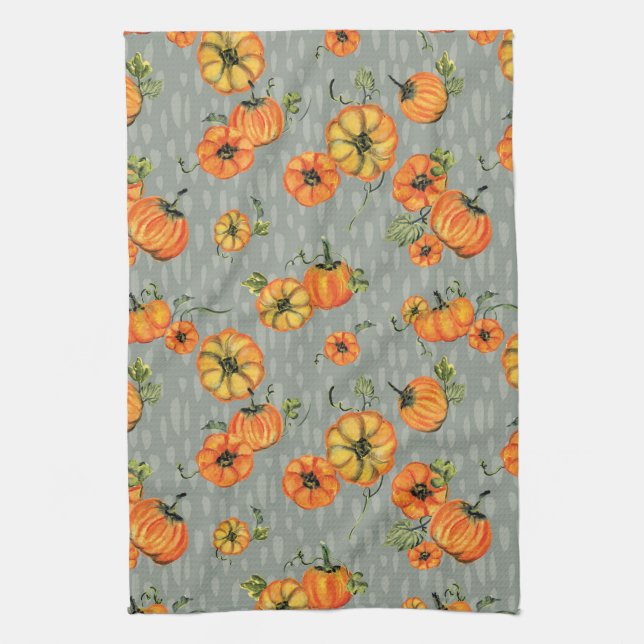 Painterly Watercolor Fall Pumpkins Orange/Greige Tea Towel (Vertical)